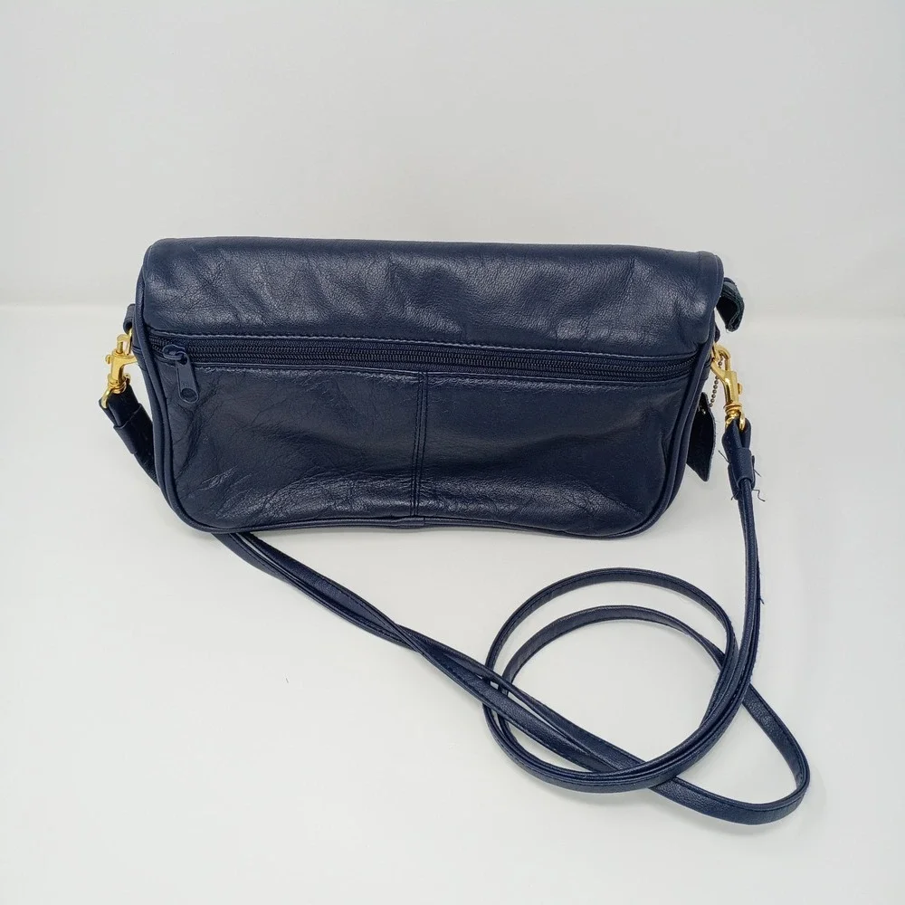 Vintage Cabin Creek Leather Shoulder Bag Purse Navy Blue Gold 90s Office Cottage